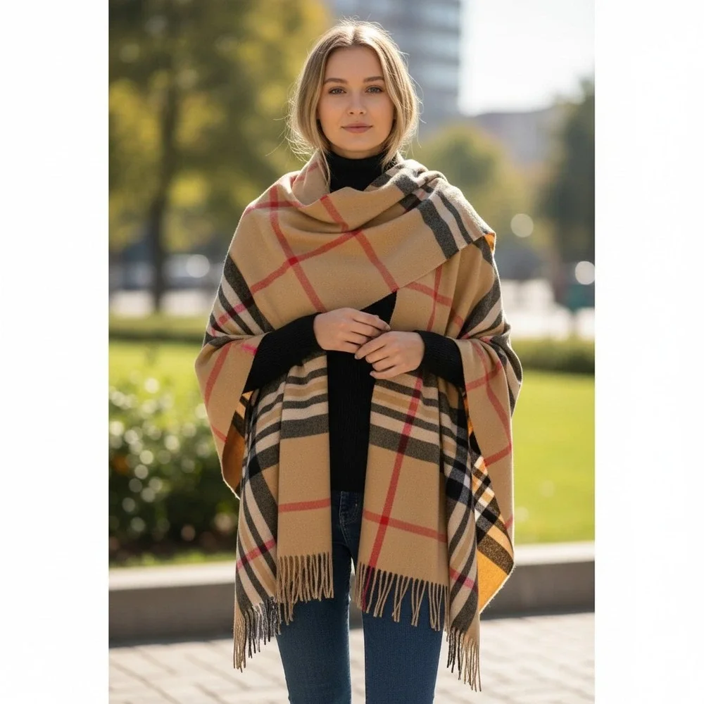 Scarf Womens OS Plaid Tan Black Red White Fringe Wrap Soft Cottage Quiet Luxury